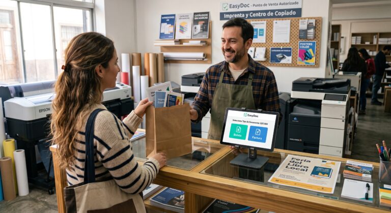 Comerciante entregando boleta o factura a un cliente en el mostrador